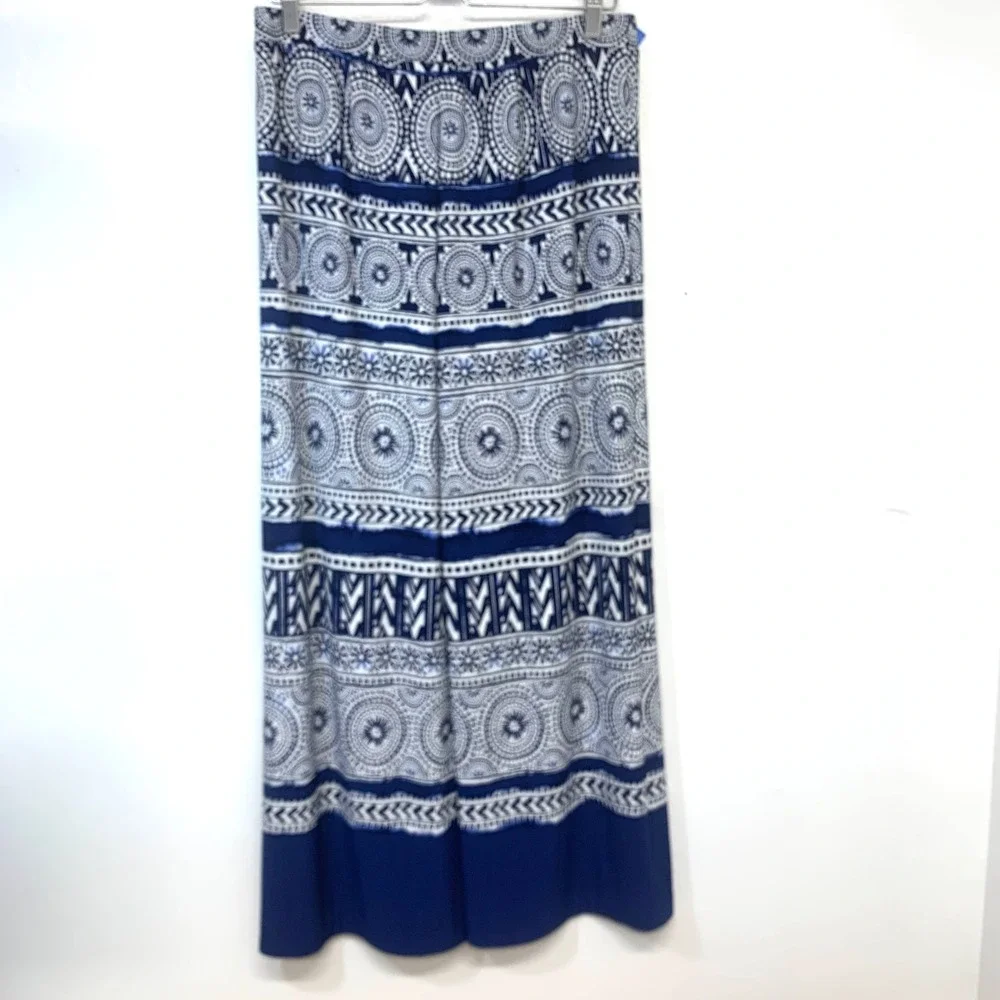 Chicos 1 Blue White Medallion Print Wide Leg Palazzo Pants Medium Boho